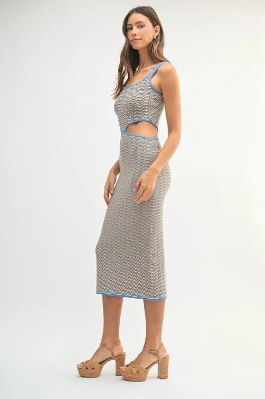 Mable - Blue Trim Cutout Midi Dress – Multicolor Chevron Knit