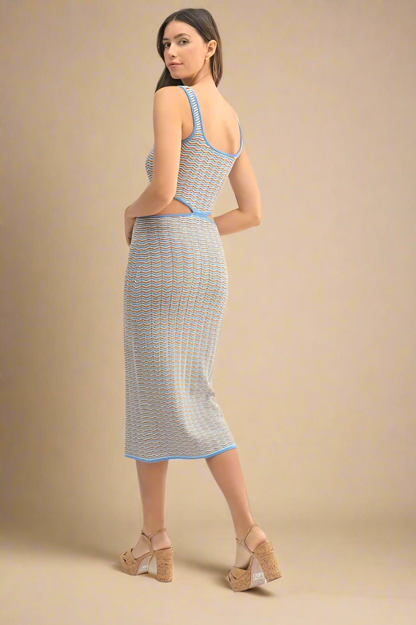 Mable - Blue Trim Cutout Midi Dress – Multicolor Chevron Knit