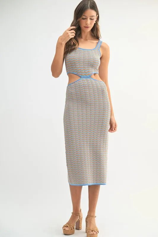 Mable - Blue Trim Cutout Midi Dress – Multicolor Chevron Knit