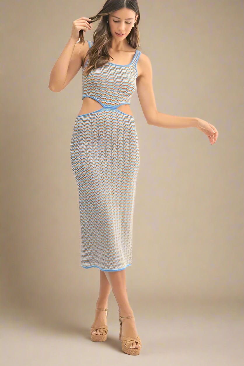 Mable - Blue Trim Cutout Midi Dress – Multicolor Chevron Knit