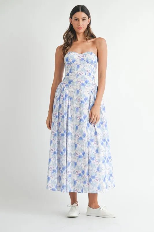 Mable - Blue Watercolor Floral Sweetheart Midi Dress