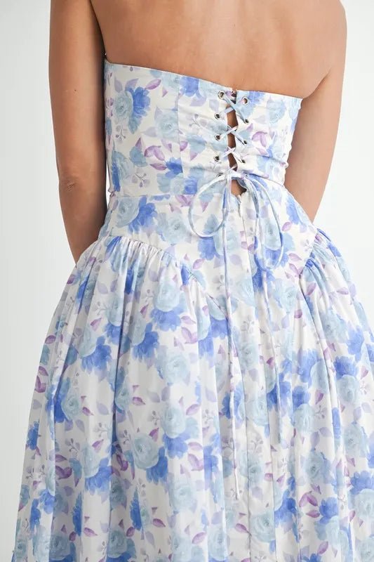 Mable - Blue Watercolor Floral Sweetheart Midi Dress