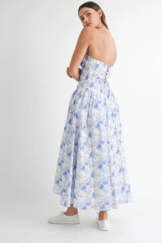 Mable - Blue Watercolor Floral Sweetheart Midi Dress
