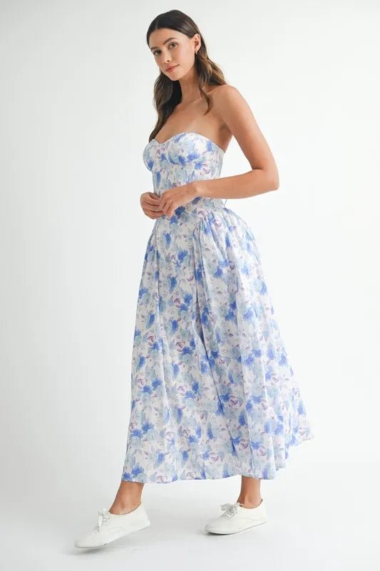 Mable - Blue Watercolor Floral Sweetheart Midi Dress