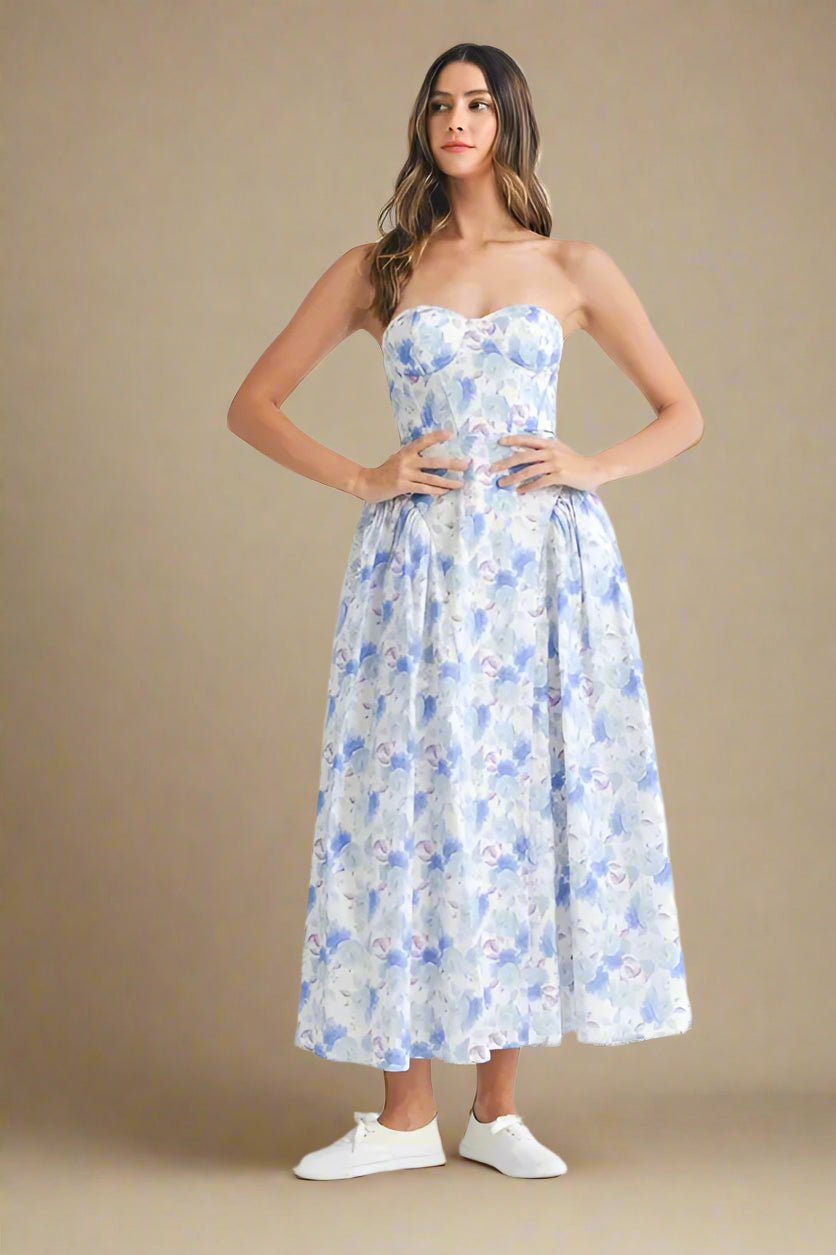Mable - Blue Watercolor Floral Sweetheart Midi Dress
