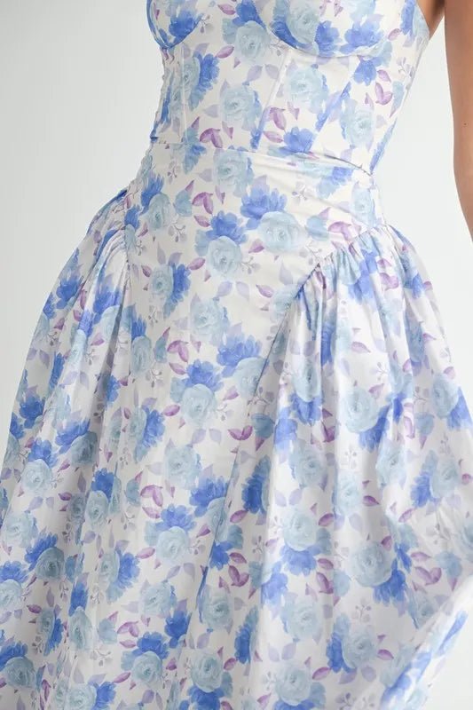 Mable - Blue Watercolor Floral Sweetheart Midi Dress