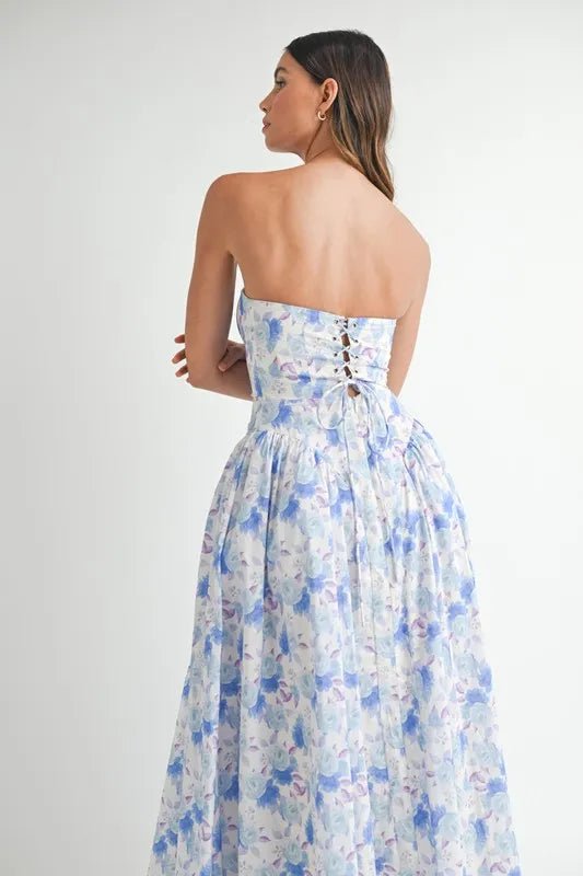 Mable - Blue Watercolor Floral Sweetheart Midi Dress