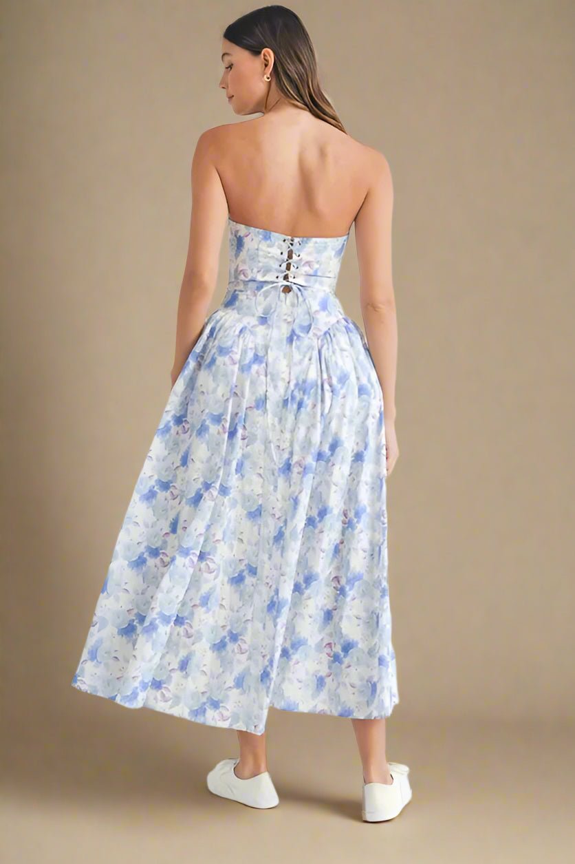 Mable - Blue Watercolor Floral Sweetheart Midi Dress
