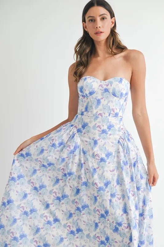 Mable - Blue Watercolor Floral Sweetheart Midi Dress