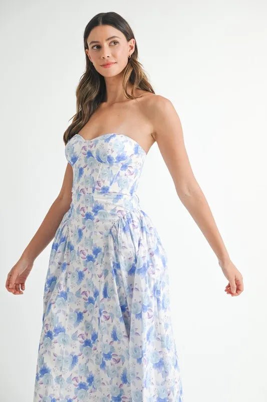 Mable - Blue Watercolor Floral Sweetheart Midi Dress