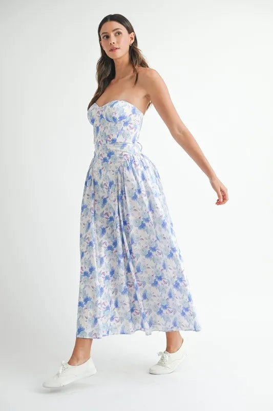 Mable - Blue Watercolor Floral Sweetheart Midi Dress