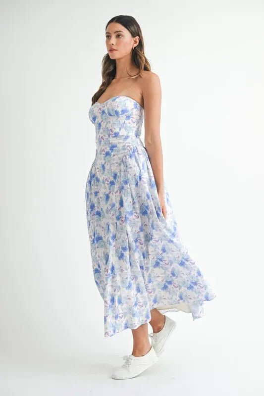 Mable - Blue Watercolor Floral Sweetheart Midi Dress