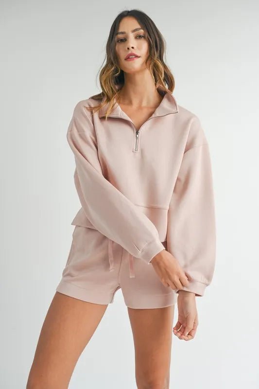 Mable - Blush Half - Zip Sweatshirt & Shorts Lounge Set