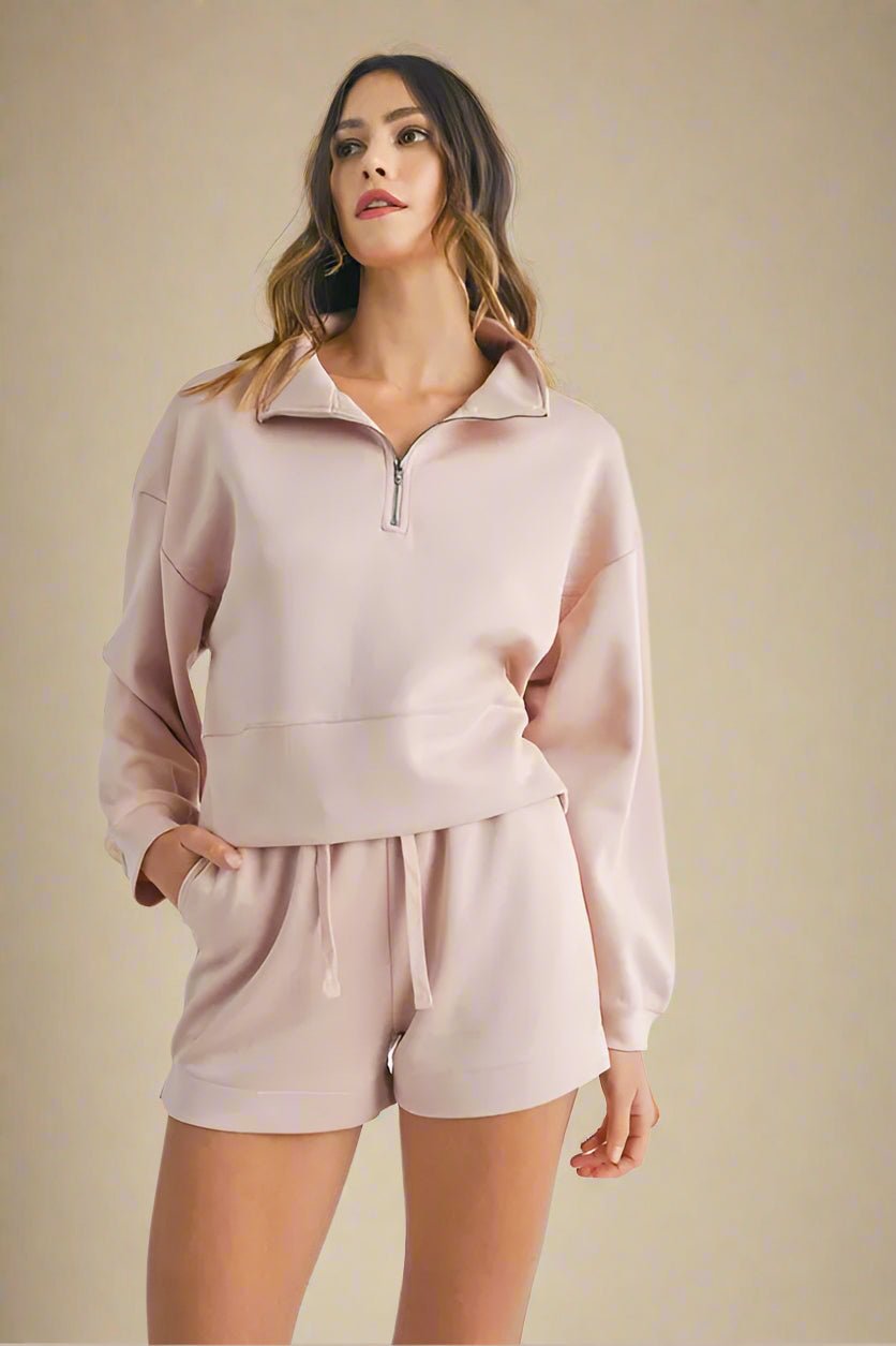 Mable - Blush Half - Zip Sweatshirt & Shorts Lounge Set