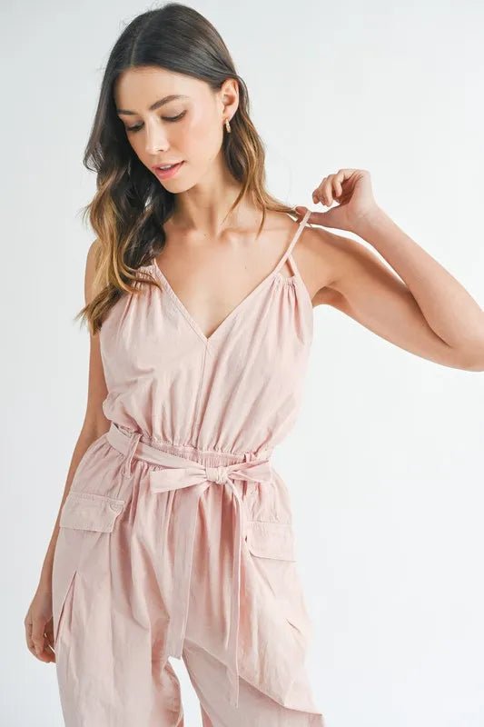 Mable - Blush Pink Crisscross Back Belted Jumpsuit