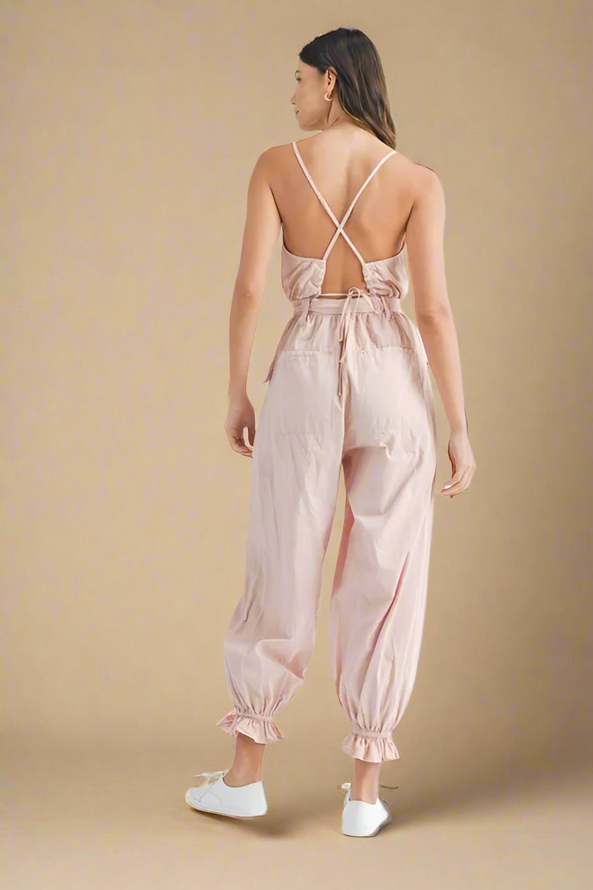 Mable - Blush Pink Crisscross Back Belted Jumpsuit