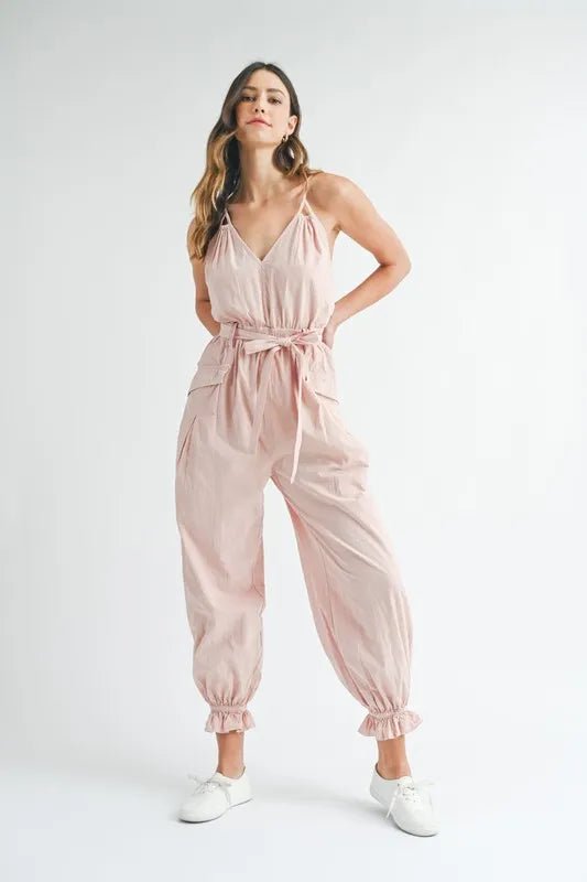 Mable - Blush Pink Crisscross Back Belted Jumpsuit