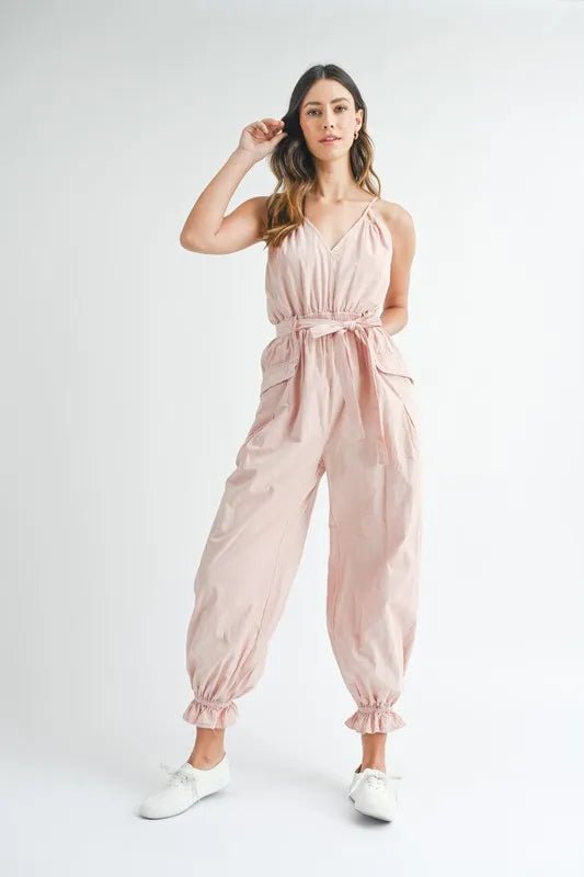 Mable - Blush Pink Crisscross Back Belted Jumpsuit
