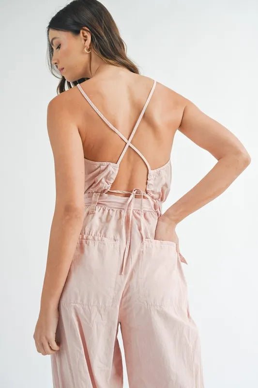 Mable - Blush Pink Crisscross Back Belted Jumpsuit