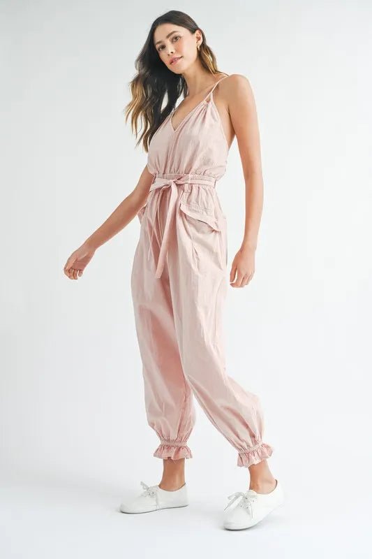 Mable - Blush Pink Crisscross Back Belted Jumpsuit