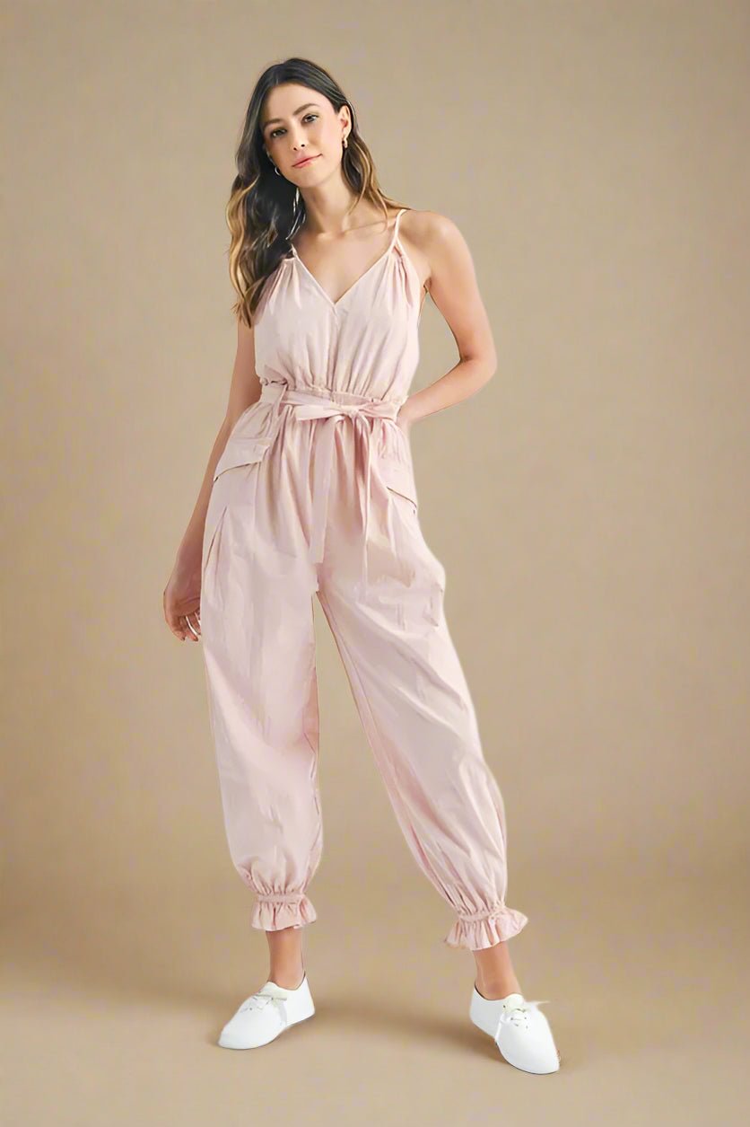 Mable - Blush Pink Crisscross Back Belted Jumpsuit