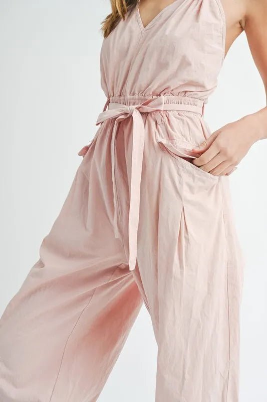 Mable - Blush Pink Crisscross Back Belted Jumpsuit