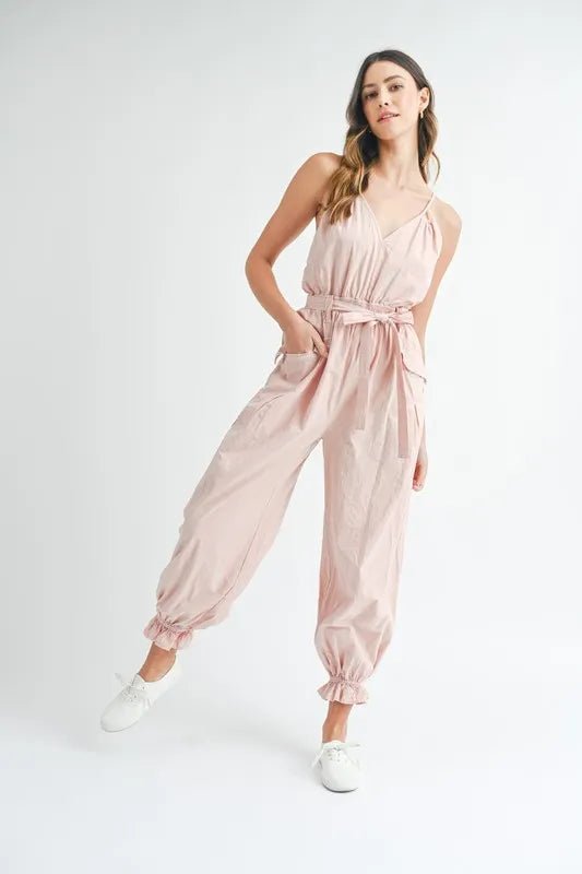 Mable - Blush Pink Crisscross Back Belted Jumpsuit
