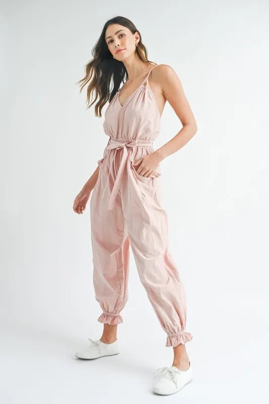 Mable - Blush Pink Crisscross Back Belted Jumpsuit