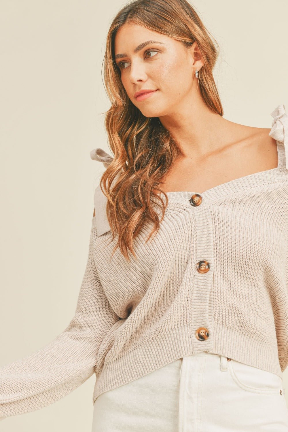 Mable - Bow Tie Cold Shoulder Cardigan Sweater in Dusty Lavender