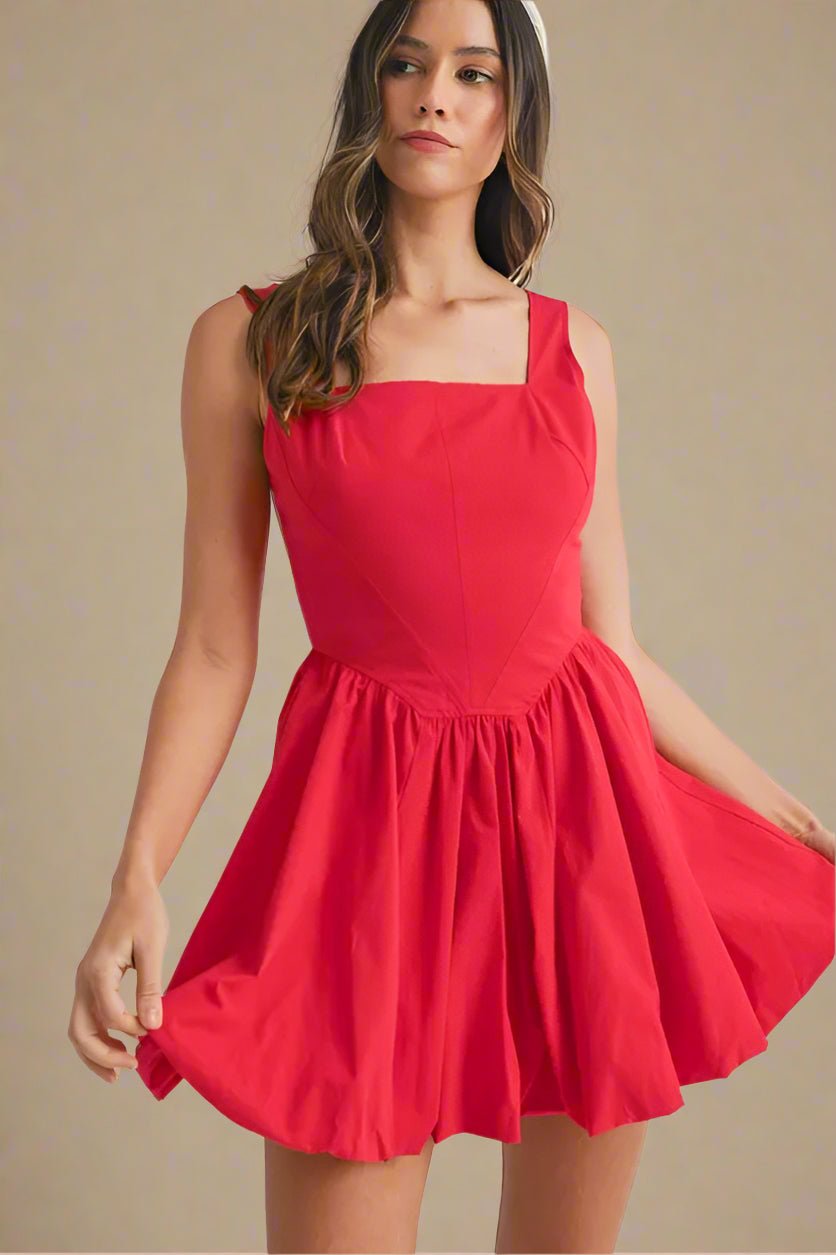 Mable - Bright Red Square Neck Mini Dress