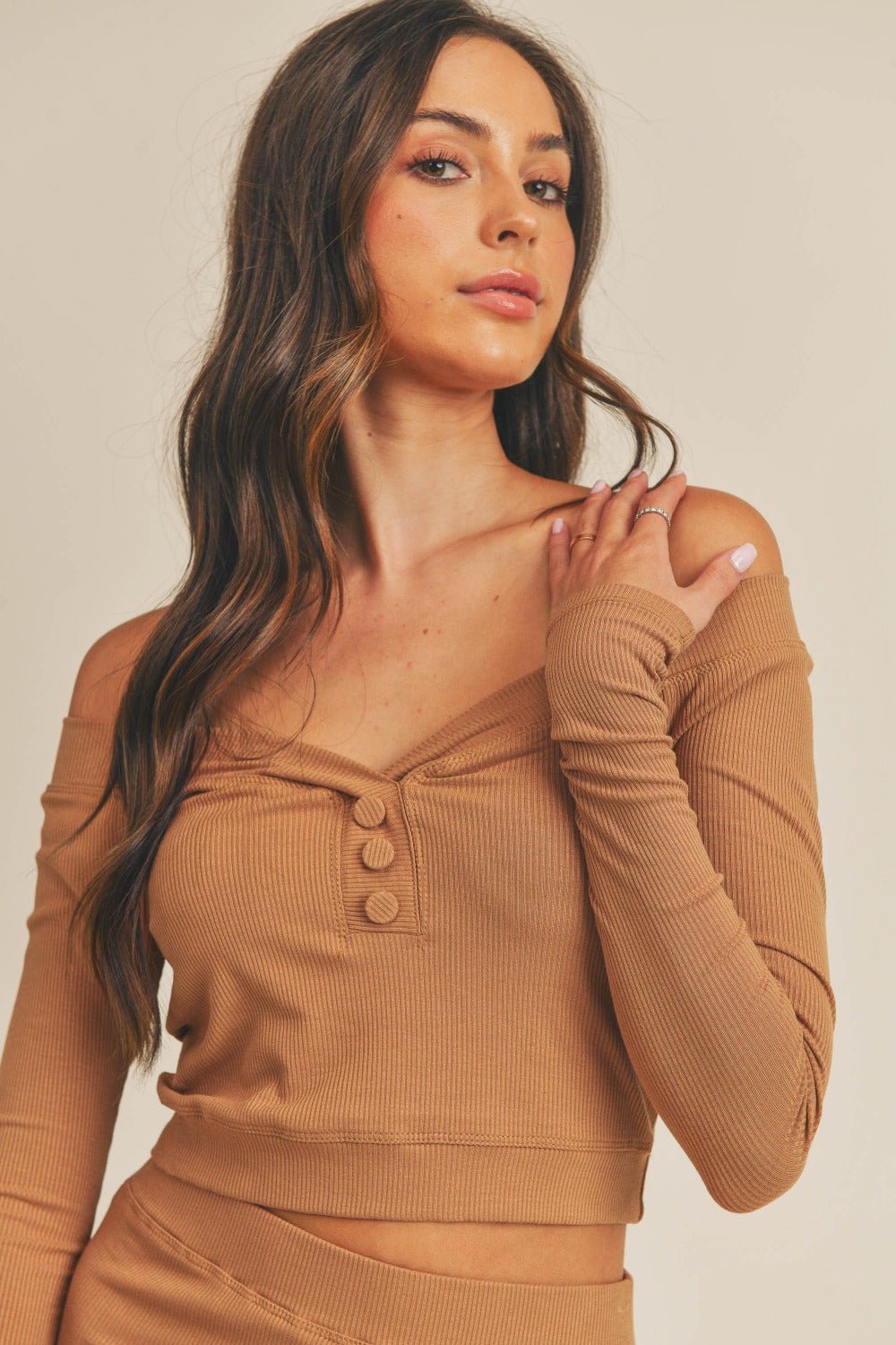 Mable - Button Detail Crop Top and Midi Skirt Set in Dusty Brown