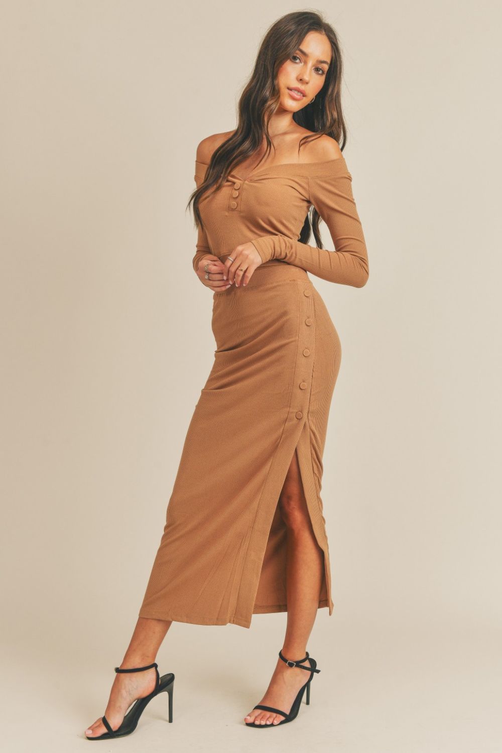 Mable - Button Detail Crop Top and Midi Skirt Set in Dusty Brown