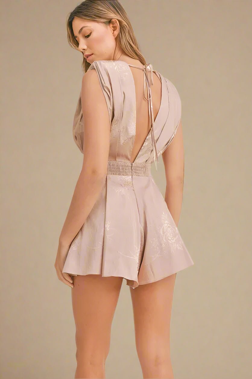 Mable - Champagne Blush Floral Jacquard Deep V Romper