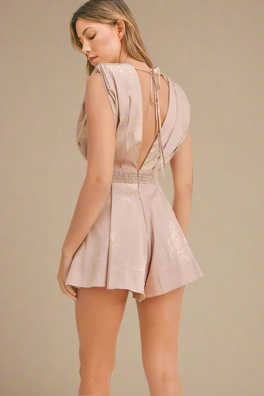 Mable - Champagne Blush Floral Jacquard Deep V Romper