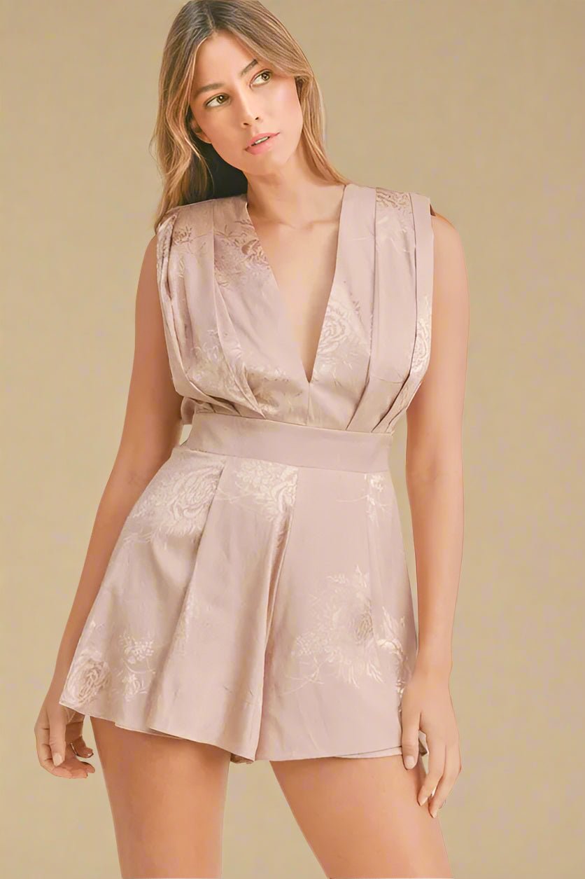 Mable - Champagne Blush Floral Jacquard Deep V Romper