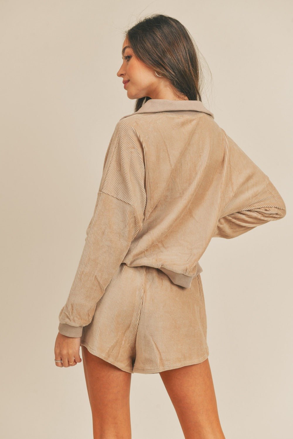 Mable - Corduroy Half Zip Top and Shorts Set in Taupe