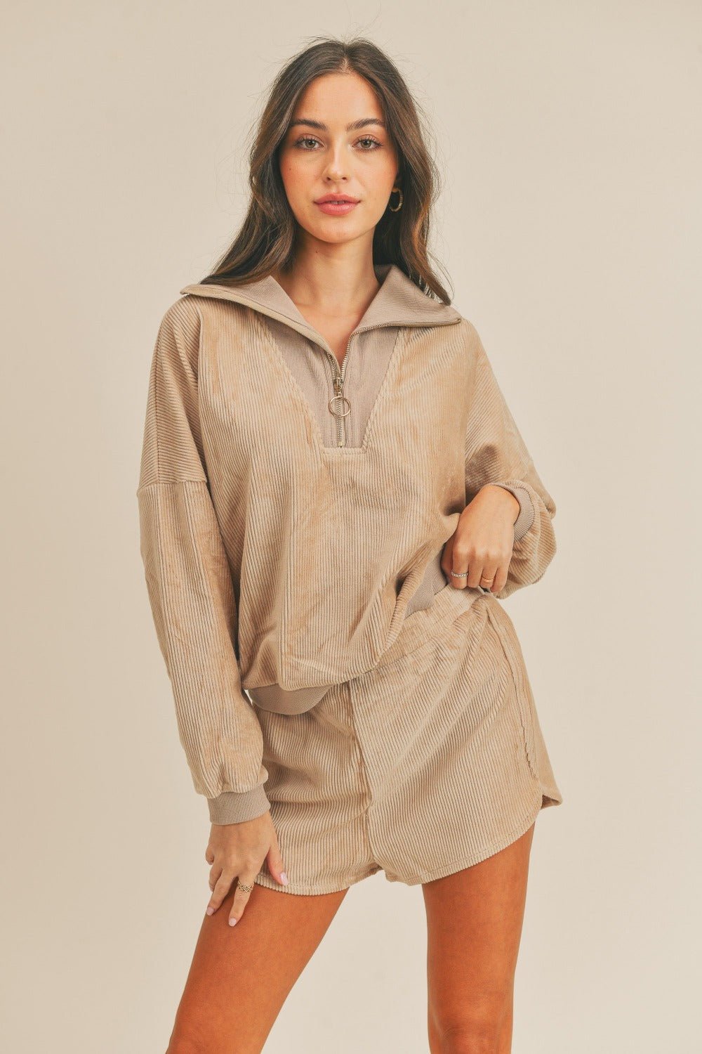 Mable - Corduroy Half Zip Top and Shorts Set in Taupe