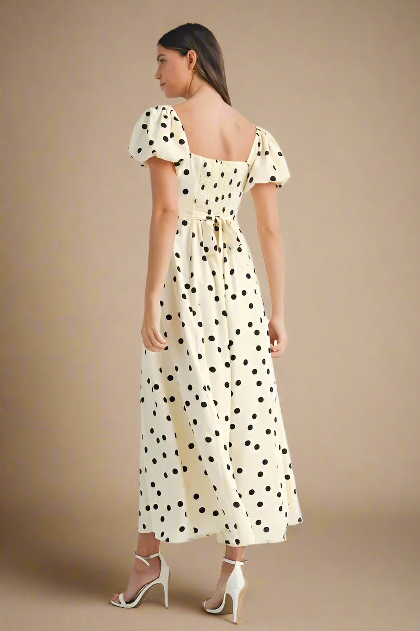 Mable - Cream & Black Polka Dot Puff Sleeve Midi Dress