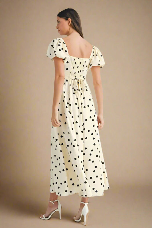 Mable - Cream & Black Polka Dot Puff Sleeve Midi Dress
