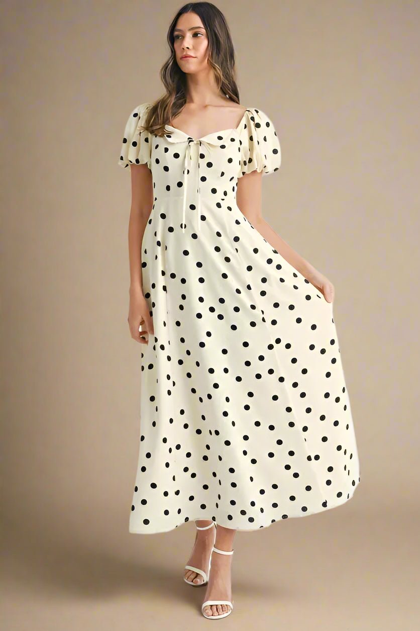 Mable - Cream & Black Polka Dot Puff Sleeve Midi Dress