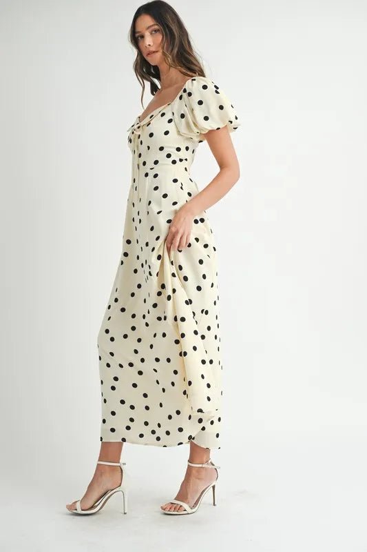 Mable - Cream & Black Polka Dot Puff Sleeve Midi Dress