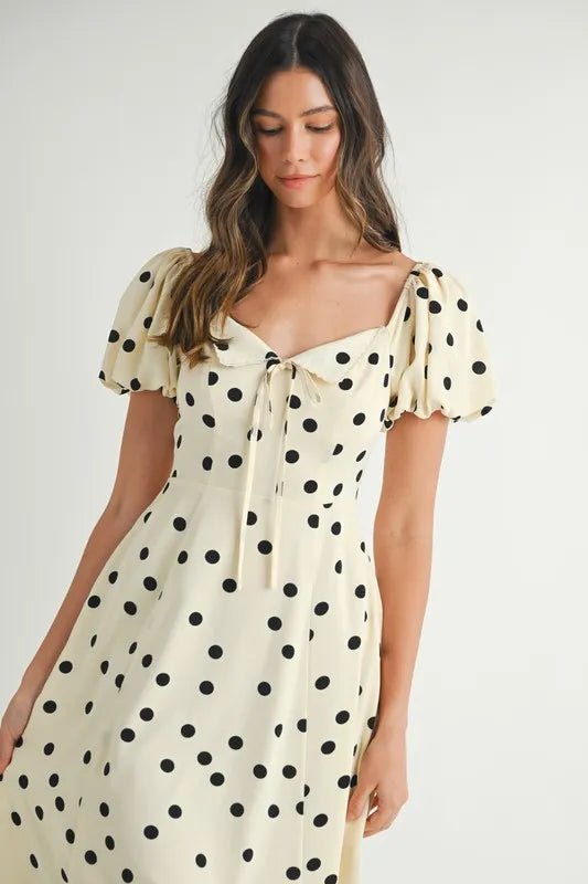 Mable - Cream & Black Polka Dot Puff Sleeve Midi Dress