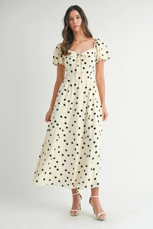 Mable - Cream & Black Polka Dot Puff Sleeve Midi Dress