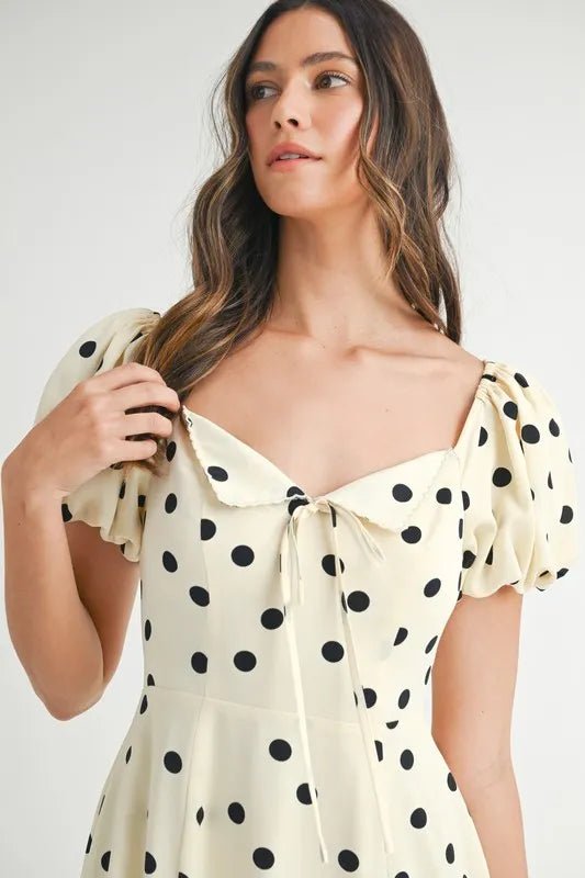 Mable - Cream & Black Polka Dot Puff Sleeve Midi Dress