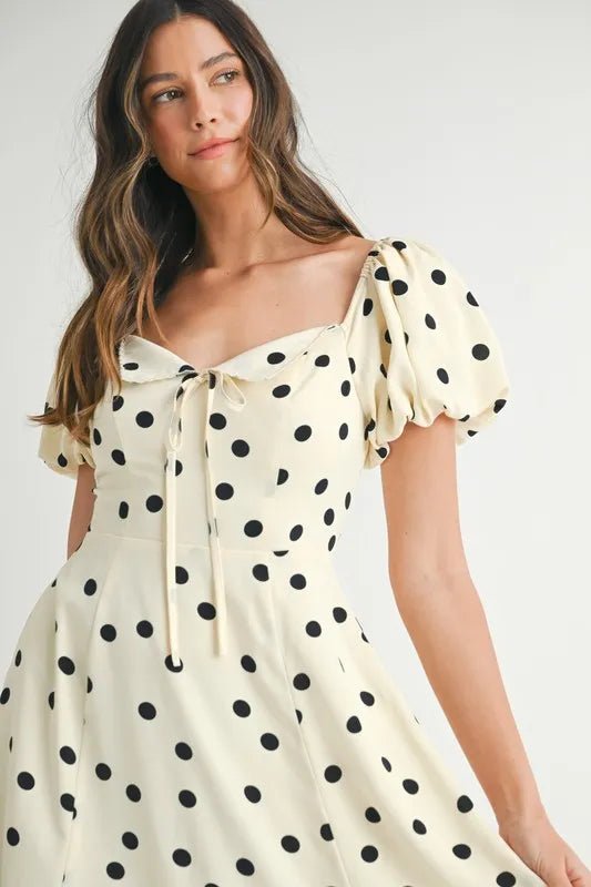 Mable - Cream & Black Polka Dot Puff Sleeve Midi Dress