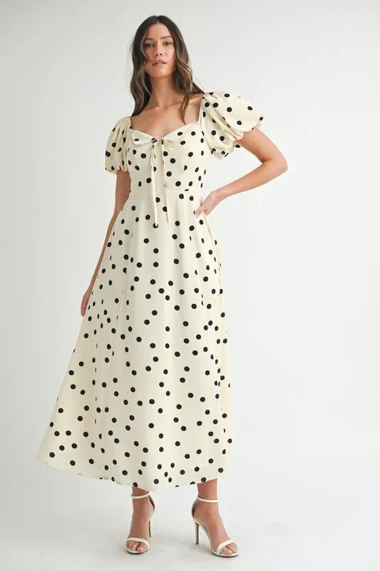 Mable - Cream & Black Polka Dot Puff Sleeve Midi Dress