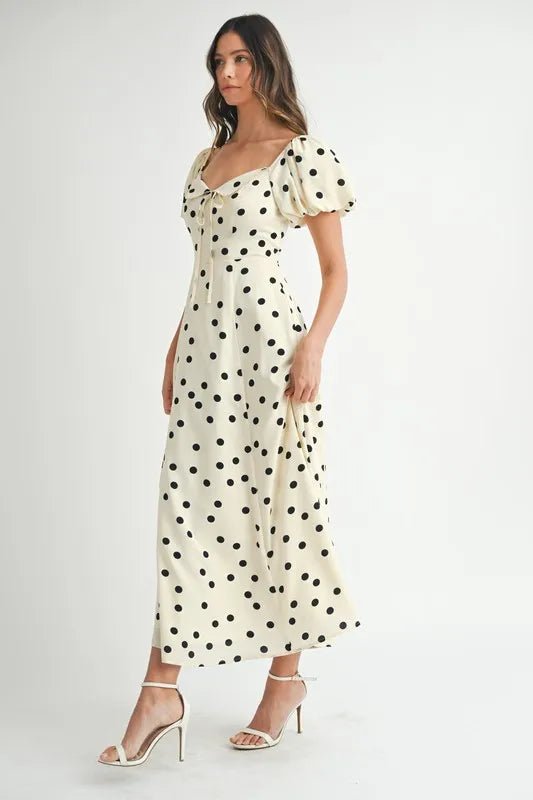 Mable - Cream & Black Polka Dot Puff Sleeve Midi Dress