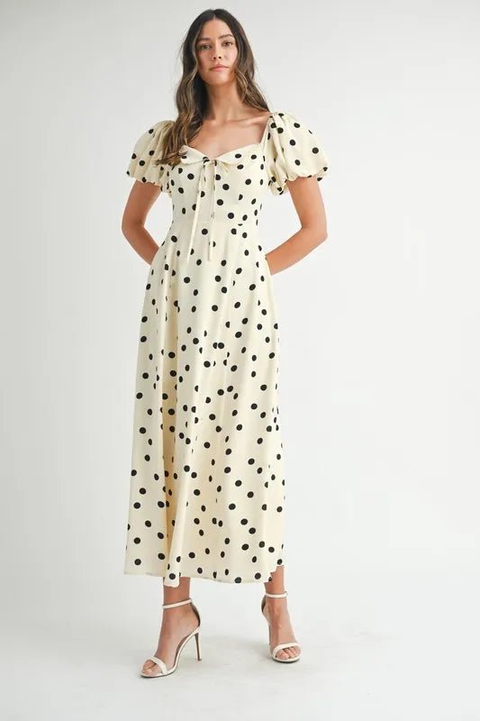 Mable - Cream & Black Polka Dot Puff Sleeve Midi Dress