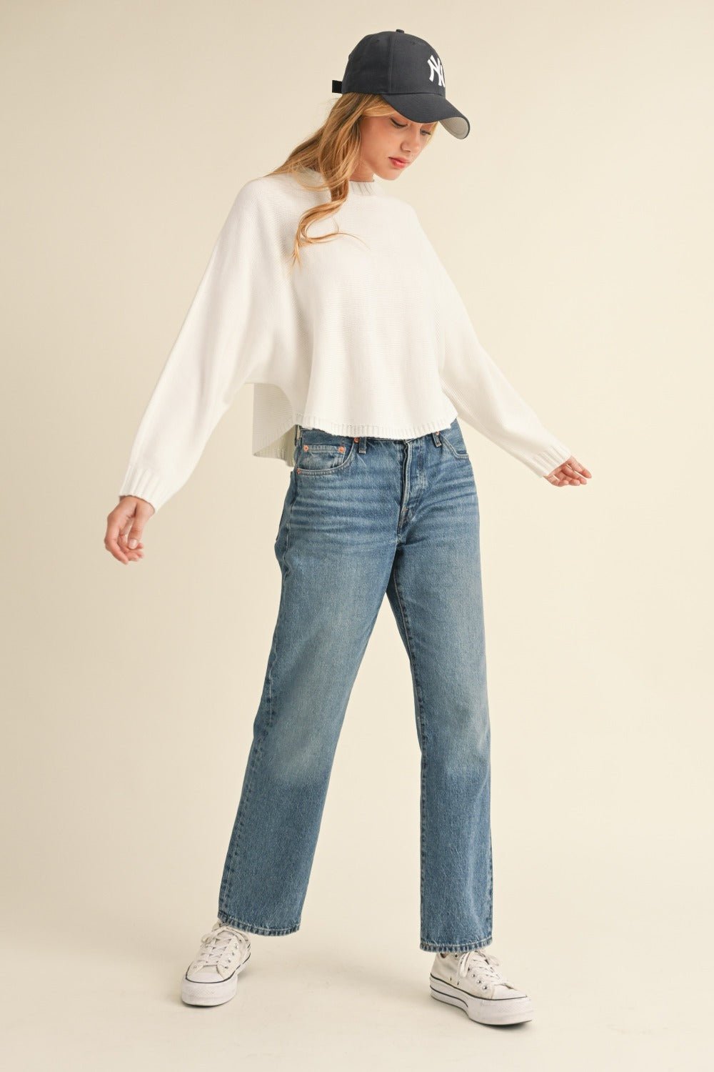 Mable - Crew Neck Dolman Sleeve Cropped Sweater in Off White