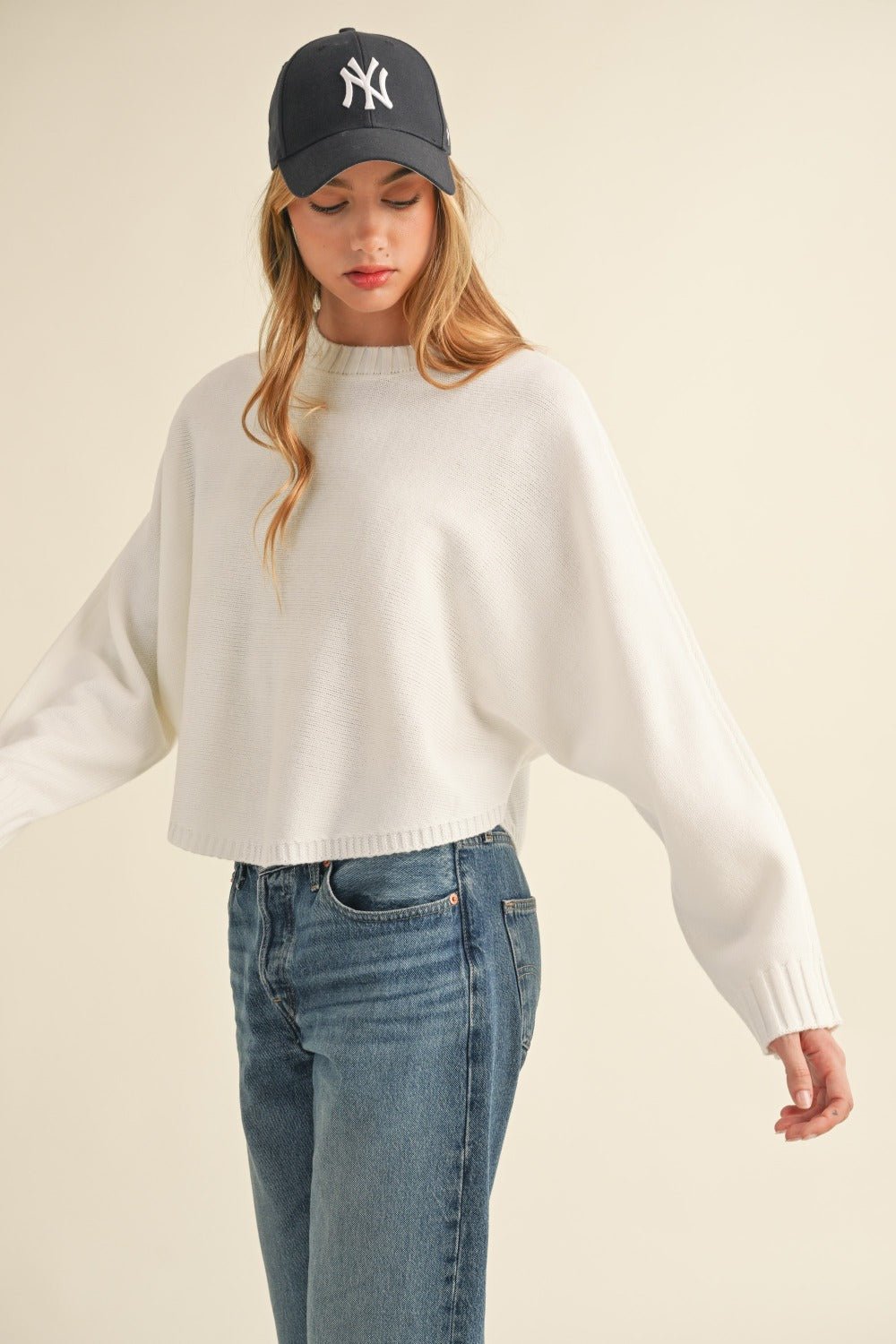 Mable - Crew Neck Dolman Sleeve Cropped Sweater in Off White